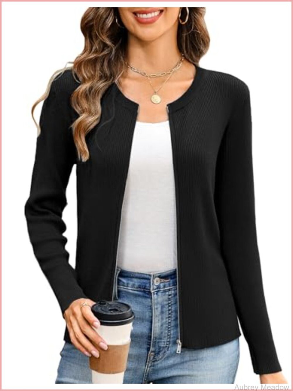 Womens Zip Up Sweater Lightweight Long Sleeve Knit Cardigan Crew Neck